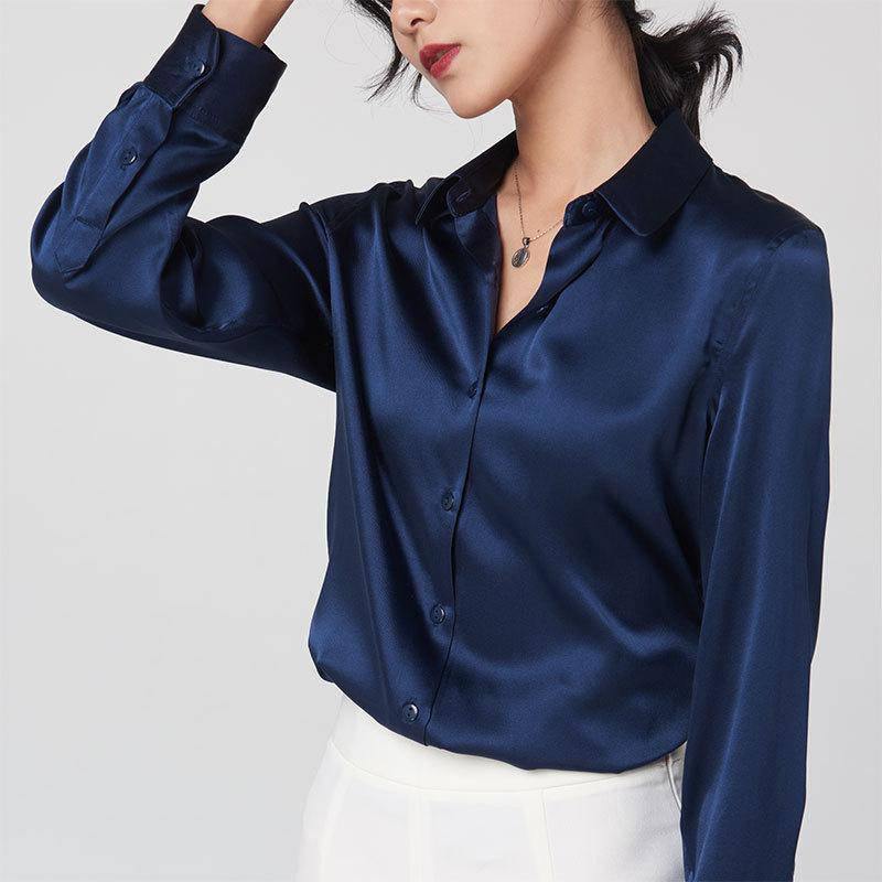 navy blue dress blouse Hawes & Curtis Navy Pussybow Blouse | Satin | Plain