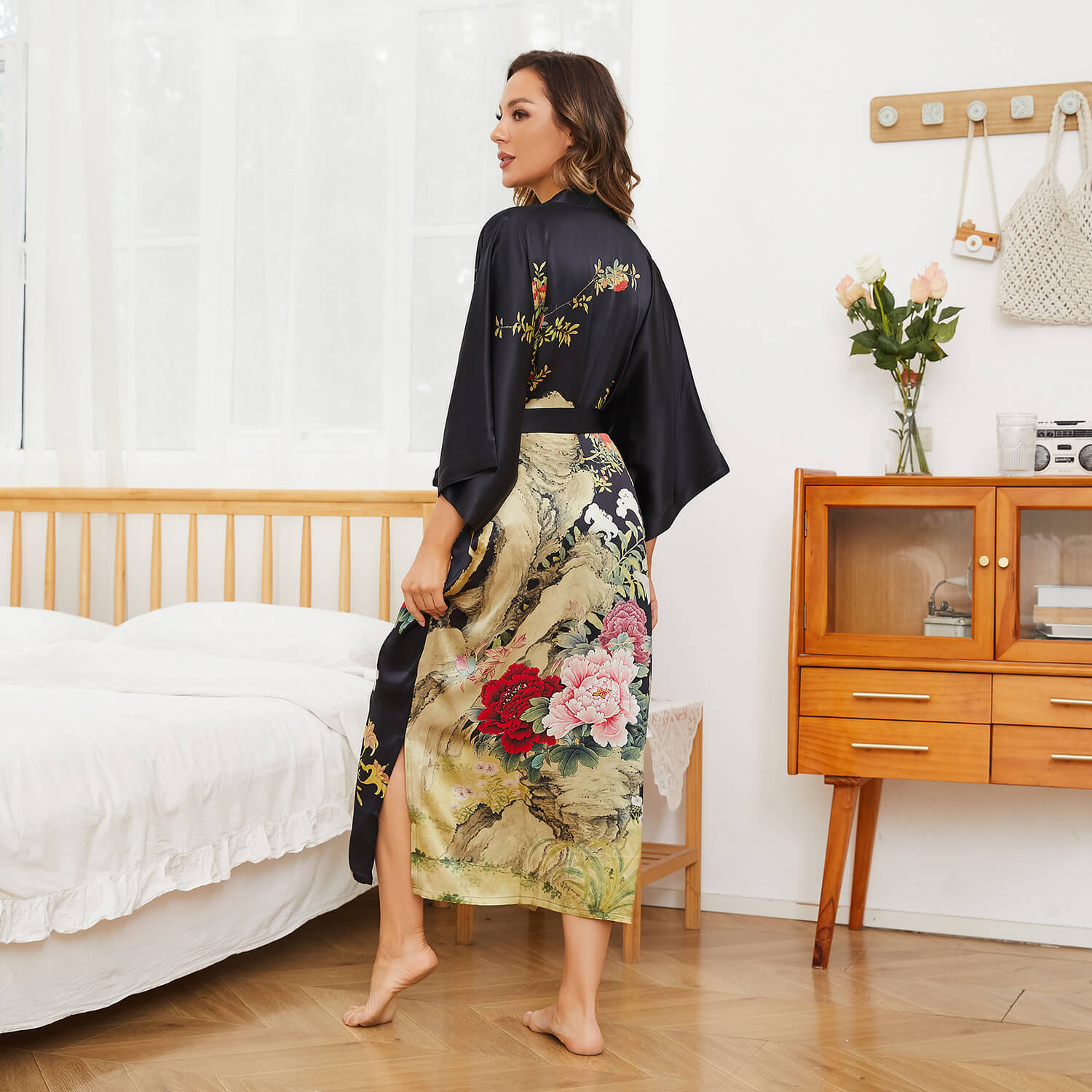 Floral Print Silk Kimono Robes Peony Blossoms Silk Bathrobe