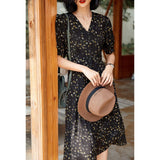 100% Silk Black Floral Print Dress Ladies Summer Chic Silk Dresses