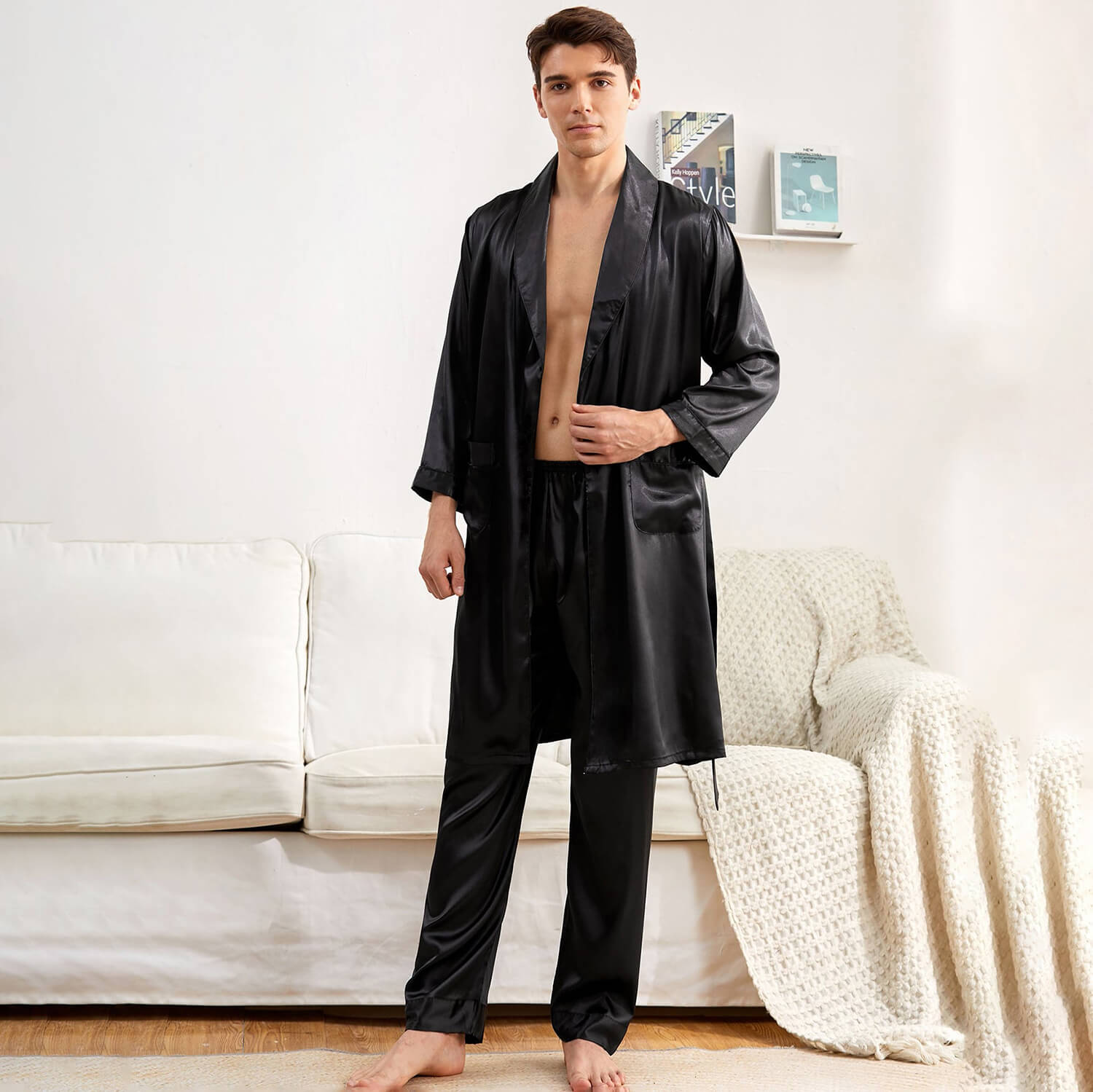 Men Sexy See-Through Night-Robe Lace Short Sleeve Cardigan Bathrobe  Nightwear