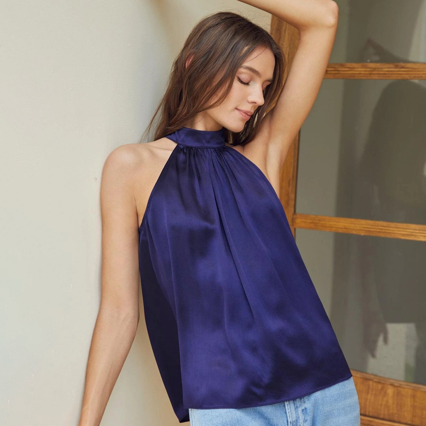 22 Momme Sleeveless Silk Shirt Silk Gathered Halter Top Burgundy XS