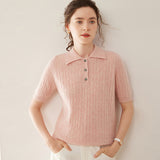 Womens Polo Neck Cashmere Sweater Short Sleeve Cable Knit Cashmere Top