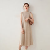 Womens Sleeveless Cashmere Dress Mock Neck Cashmere Knit Midi Dress