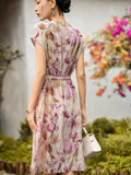 Womens Floral Print Silk Dress V Neck Short Sleeve Belted Silk Midi Dress