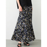 Womens Black Silk Maxi Skirt Floral Print Long Silk Dress