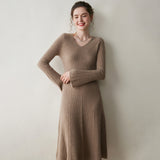 Womens Ribbed V-Neck Cashmere Midi Dress with Flared Sleeves