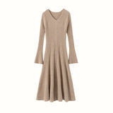Womens Ribbed V-Neck Cashmere Midi Dress with Flared Sleeves