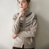 Womens Fair Isle Cashmere Cardigan Full Zip Mock Neck Cashmere Sweater