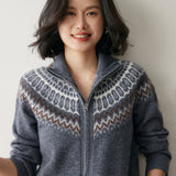 Womens Fair Isle Cashmere Cardigan Full Zip Mock Neck Cashmere Sweater