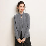 Womens Zip-Up Cashmere Cardigan Ribbed Mock Neck Cashmere Sweater
