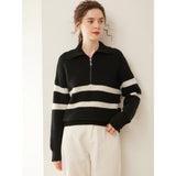 Womens Striped Cashmere Sweater Polo Collar Half-Zip Cashmere Pullover