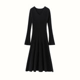 Womens Ribbed V-Neck Cashmere Midi Dress with Flared Sleeves