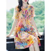 Womens Colorful Floral Silk Dress Ruffled Sleeve Short Silk Dress
