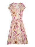 Womens Floral Print Silk Dress V Neck Short Sleeve Belted Silk Midi Dress
