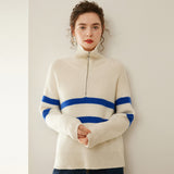 Womens Striped Cashmere Sweater Polo Collar Half-Zip Cashmere Pullover
