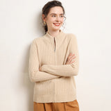 Womens Zip-Up Cashmere Cardigan Ribbed Mock Neck Cashmere Sweater
