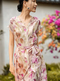 Womens Floral Print Silk Dress V Neck Short Sleeve Belted Silk Midi Dress