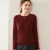 Womens Diamond Knit Cashmere Sweater Long Sleeve Crew Neck Cashmere Pullover