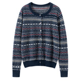 Womens Fair Isle Pure Cashmere Cardigan Crew Neck Button Up Cashmere Sweater
