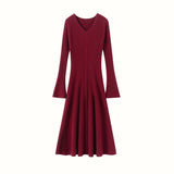 Womens Ribbed V-Neck Cashmere Midi Dress with Flared Sleeves
