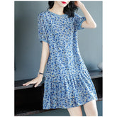 Womens Blue Floral Print Silk Mini Dress Ruffle Hem Short Silk Dress