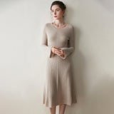 Womens Ribbed V-Neck Cashmere Midi Dress with Flared Sleeves