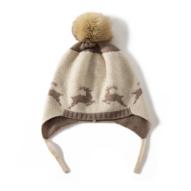 Baby Knitted Cashmere Beanie with Fur Pom Warm Cashmere Hats for Kids
