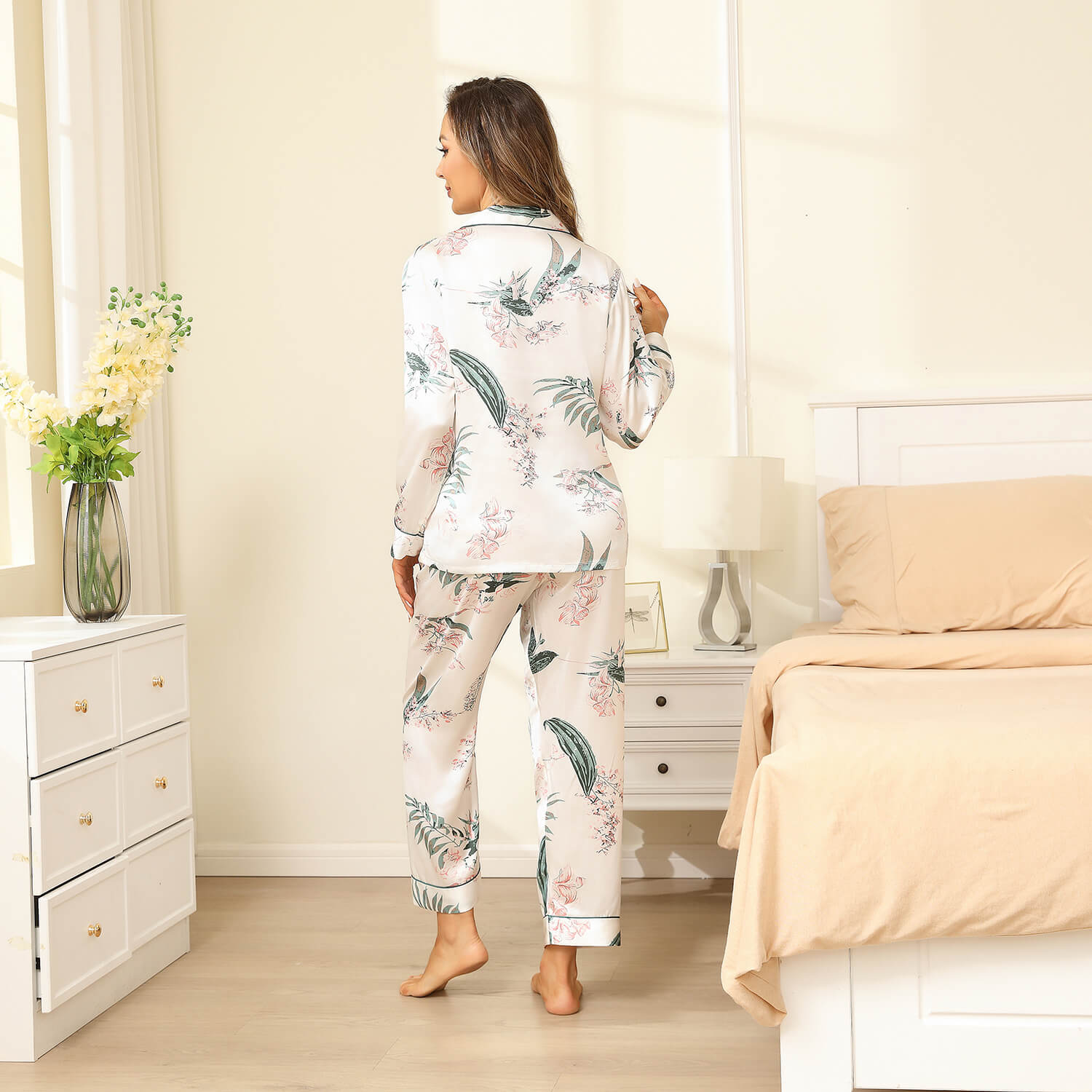 Silk Pajama Set For Women Long Flower Print Silk Pyjamas