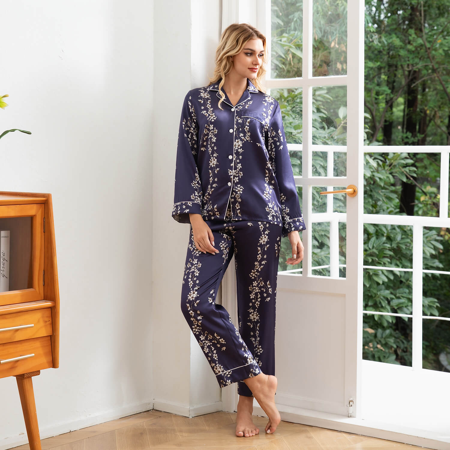 Blossom Print Silk Pajamas for Women Floral Silk Sleepwear Silk Pajama Set Silk Pj Set