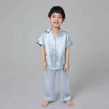 Boys Silk Pajamas Set Two Piece Short Kids Silk Sleepwear Light Blue XS