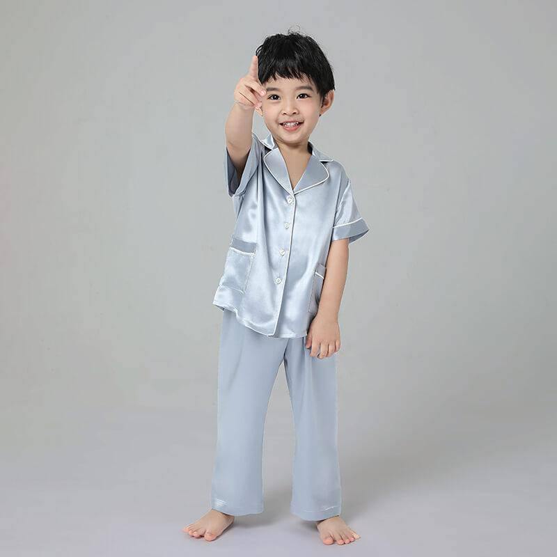 Boys Silk Pajamas Set Two Piece Short Kids Silk Sleepwear Light Blue XS