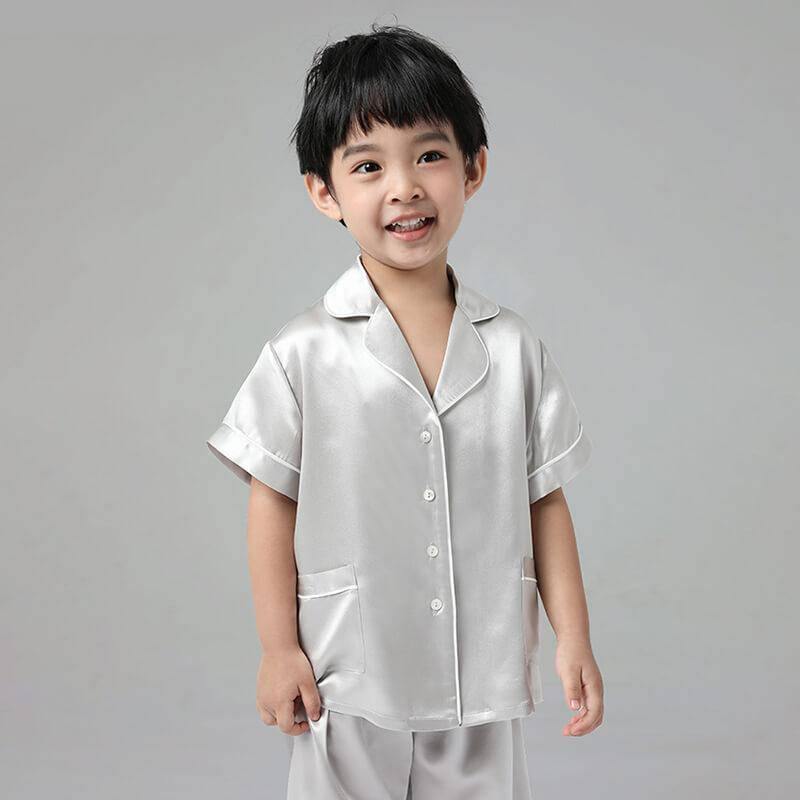 Boys Silk Pajamas Set Two Piece Short Kids Silk Sleepwear Silver Gray XS