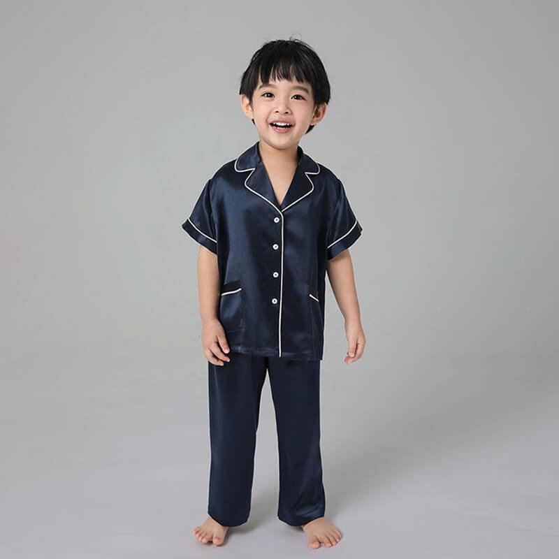 Boys Silk Pajamas Set Two Piece Short Kids Silk Sleepwear Navy Blue XS