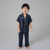 Boys Silk Pajamas Set Two Piece Short Kids Silk Sleepwear Navy Blue XS