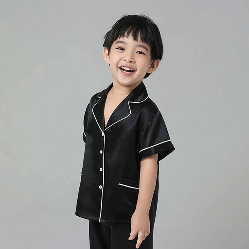 Boys Silk Pajamas Set Two Piece Short Kids Silk Sleepwear Black XS
