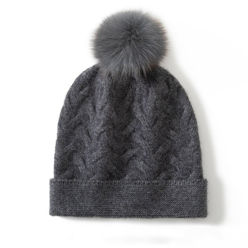Cable Knit Cashmere Beanie with Pom Textured Cashmere Hat