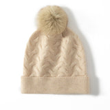 Cable Knit Cashmere Beanie with Pom Textured Cashmere Hat