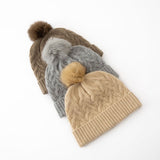 Cable Knit Pure Cashmere Beanie with Fur Pom Cashmere Hat Fluffy Pom