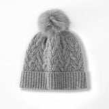 Cable Knit Pure Cashmere Beanie with Fur Pom Cashmere Hat Fluffy Pom