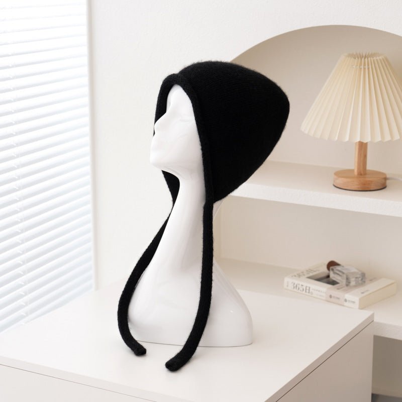 Cashmere Bonnet Hat with Ties Womens Ear Cover Cashmere Beanie