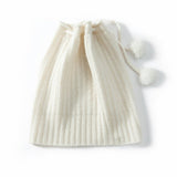 Cashmere Pom - Pom Beanie Hat With Drawstring Closure Thick Ribbing Hats