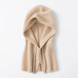 Cashmere Ribbed Knit Hood Adjustable Drawstring Cashmere Balaclava