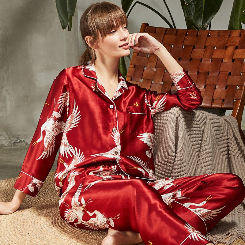 Long Crane Printed Silk Pajamas Set For Couples