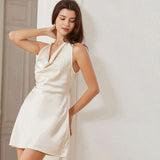 Elegant Ivory Cowl Neck Silk Mini Dress Short Silk Dress
