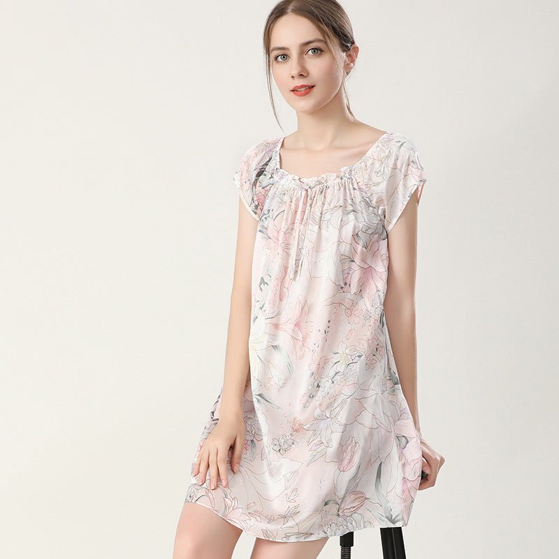 Floral Print Silk Nightgown For Women Loose Silk Nightdress Pink 2 XS
