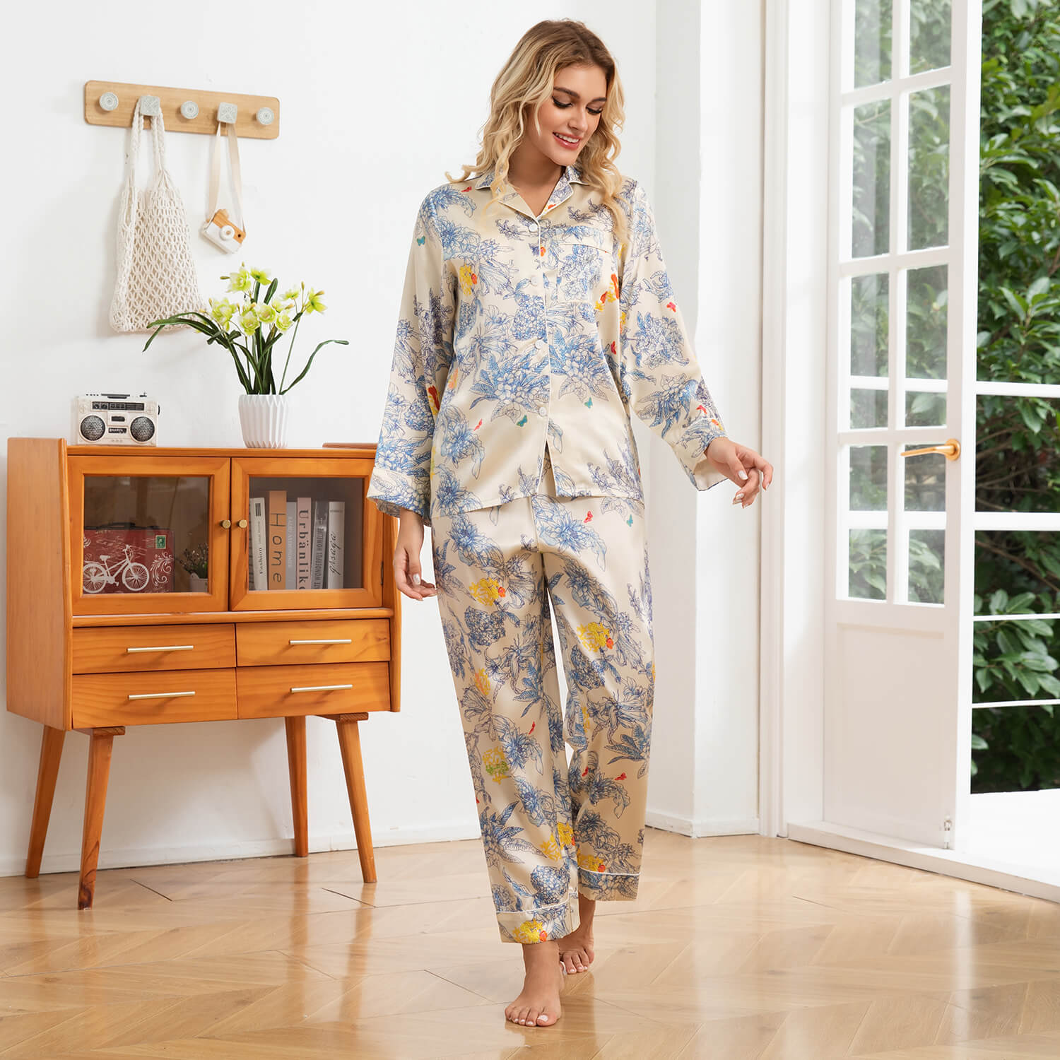 Floral Print Silk Pajama Set Button Down Silk Pajamas for Women Sleepwear Silk Set