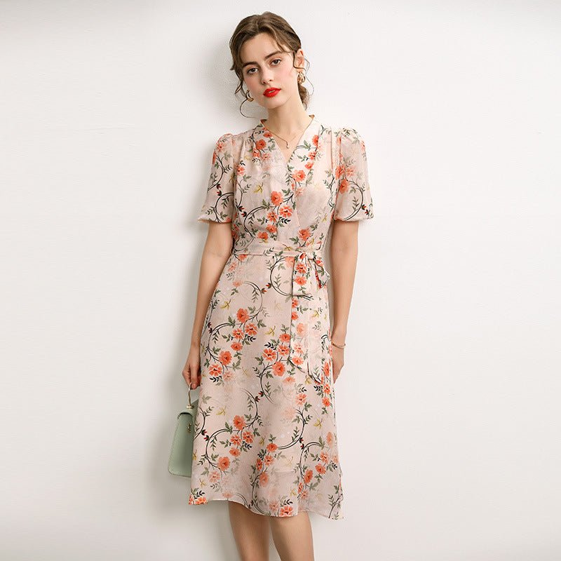 Floral pure Silk Midi Dress Guest Party Silk Dresses