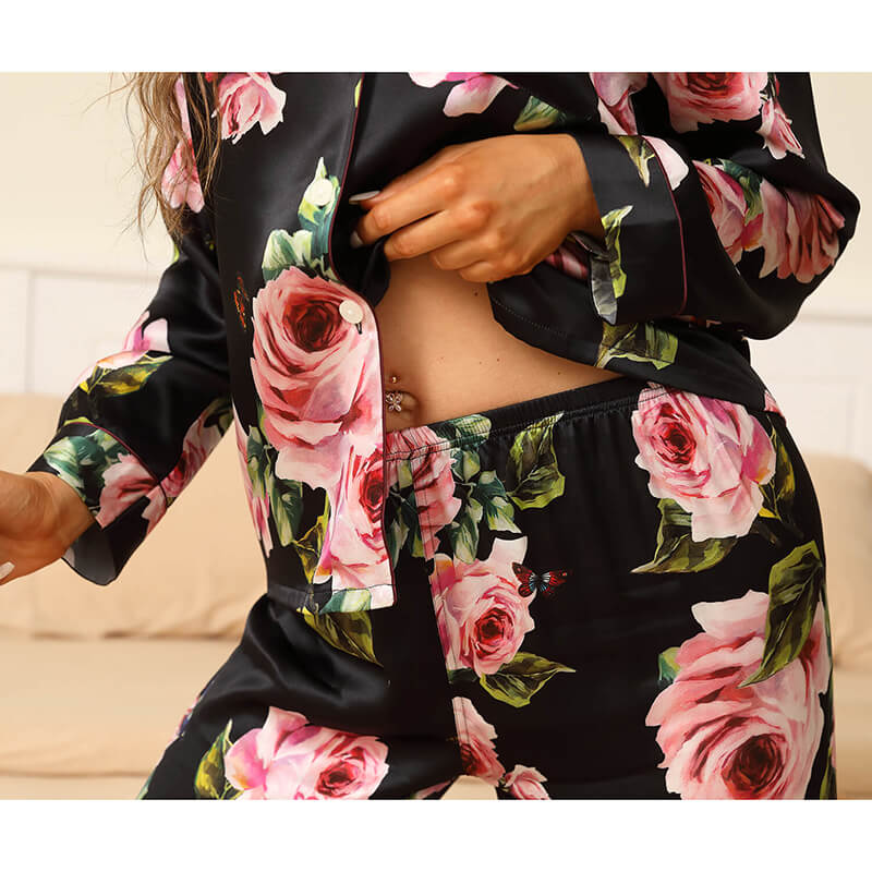 Floral Silk Pajama Set For Women Printed pure Silk nightwear Black XS