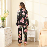 Floral Silk Pajama Set For Women Printed pure Silk nightwear Black XS