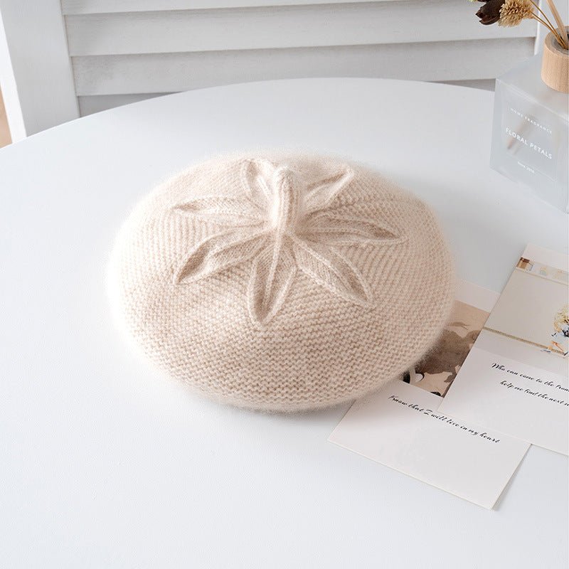 Girls Floral Knit Cashmere Beret Soft Winter Cashmere Hat for Kids Beige S